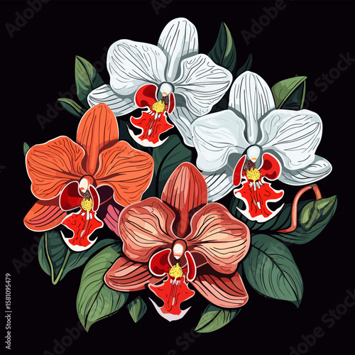 Tropical orchid flowers on dark background in vector pop art style