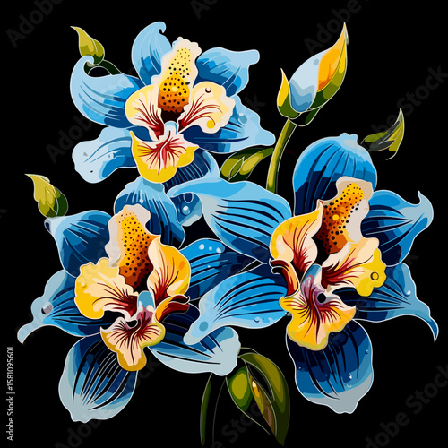 Tropical orchid flowers on dark background in vector pop art style