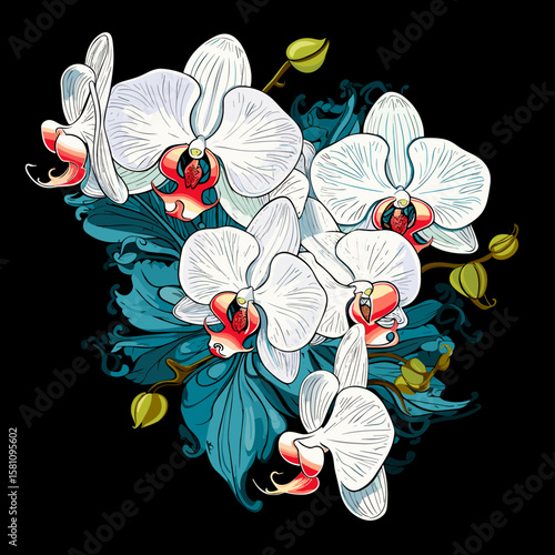 Tropical orchid flowers on dark background in vector pop art style