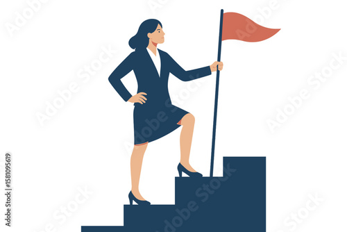The concept of a successful female entrepreneur embodies woman leadership, overcoming challenges, and achieving milestones, as exemplified by a businesswoman standing atop a career staircase, holding