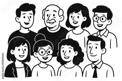 A cute outline character vector illustration features a diverse range of business people from various ethnicities, including both young and old men and women