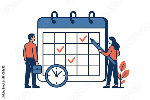 Vector illustrations represent the process of office working, including business meetings and events organizing, with a focus on entrepreneurship and calendar schedule planning through filling a