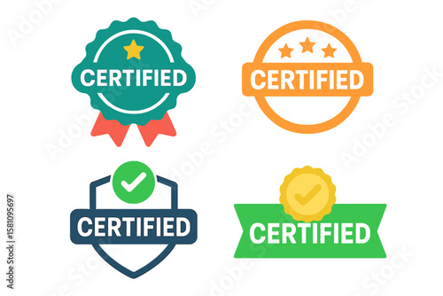 Company training badge certificates have a certified badge logo design that is determined based on certain criteria, which is available as a set bundle of colorful vector illustrations