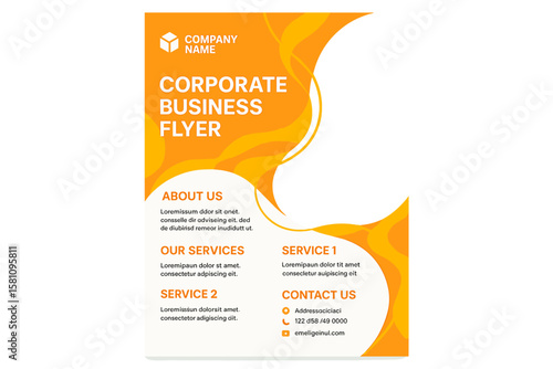 The layout design of a flyer template features an orange corporate business flyer mockup with a creative and modern vector flier concept that incorporates dynamic abstract shapes on the background