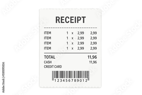 Vector illustration of a realistic paper shop receipt featuring a barcode, used for cash or credit card payments