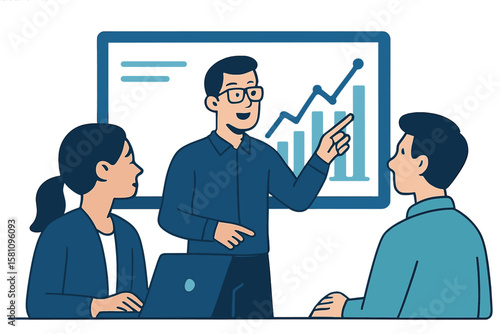 Team of business professionals working with analytics and monitoring research displayed on a web report dashboard to track business finance and investment concepts