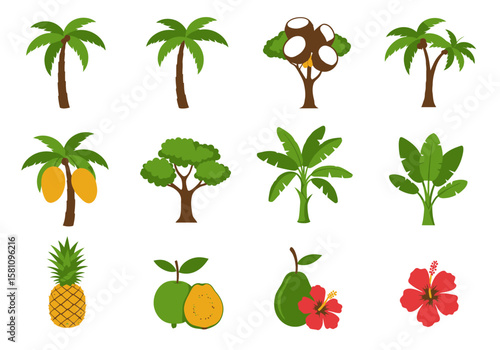 Tropical Plants and Fruits: Palm Trees, Mangoes, Pineapple, and Hibiscus