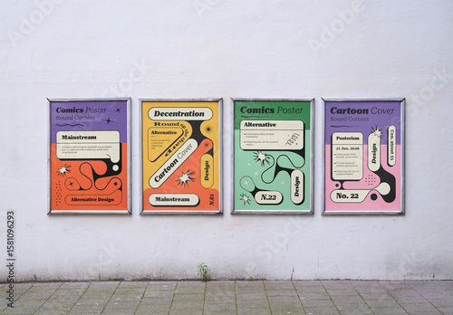 Mockup Of Four Vertical Customized Posters On Wall