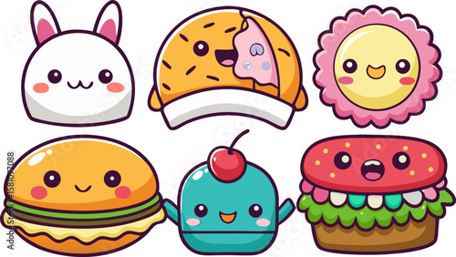  6 Kawaii Cute Food Vector Stickers Set