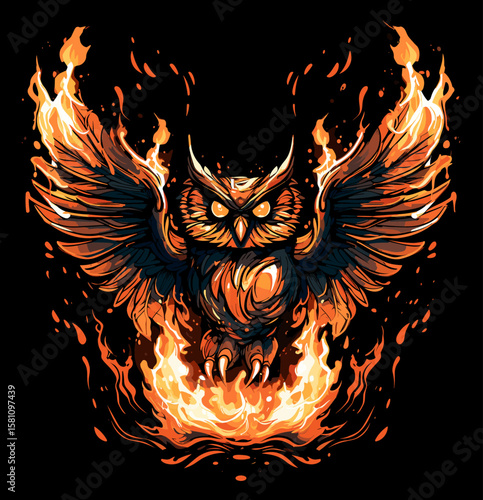 Funny owl against fire flames like phoenix in vector art