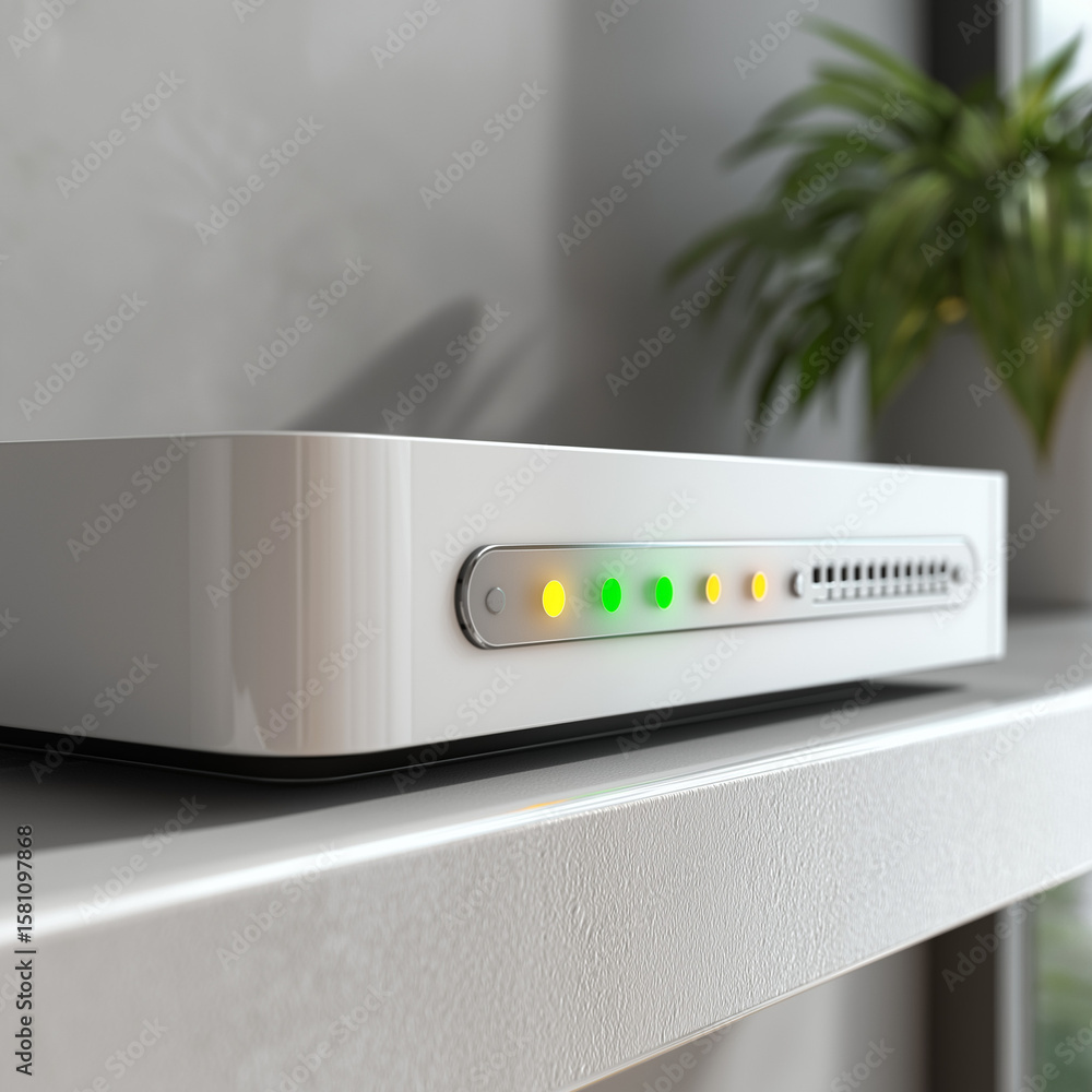 Close-up of router placed on a clean shelf with signal bars glowing no cables Close-up of router placed on a clean shelf with signal bars glowing no cables