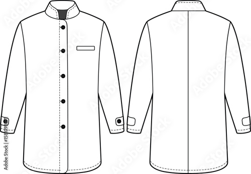 Men's Stylish White Full-Sleeve Band Collar Shirt/Jacket, Front and Back Views, Modern Minimalist Design, Asian Inspired Apparel, Versatile Fashion for Contemporary Wardrobe.