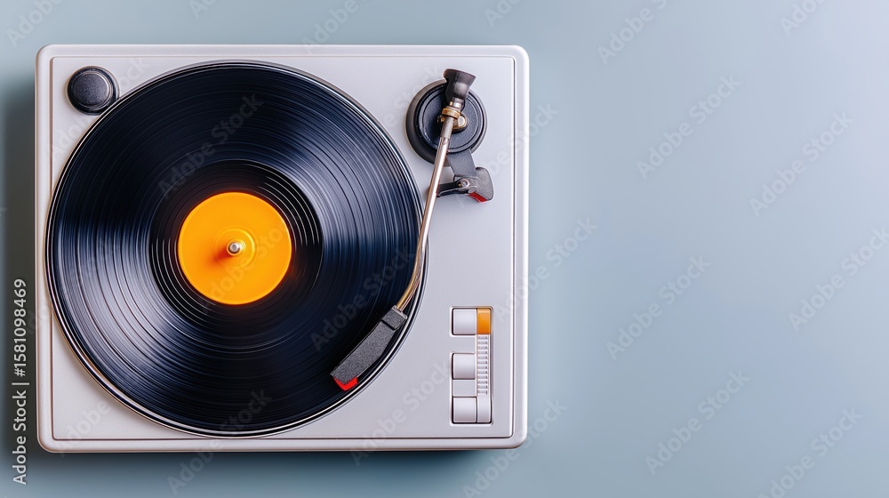 Obraz premium A classic vinyl record player on a soft pastel background with a gentle depth of field emphasizing the timeless beauty of music