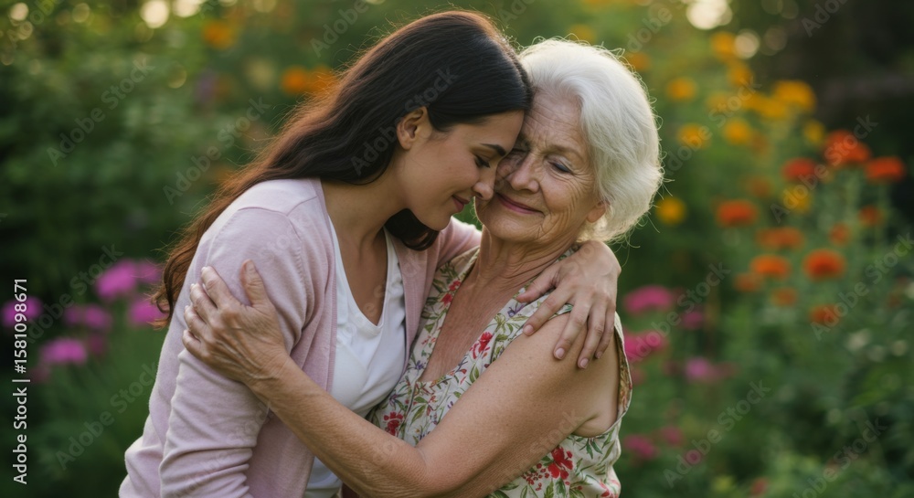Naklejka premium Grandmother and Granddaughter Embrace in a Sunny Garden