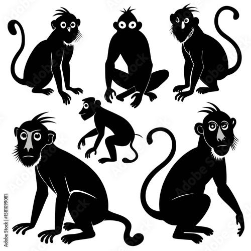 A humorous collection of black and white cartoon animal silhouettes featuring cats, dogs, and bears, perfect for whimsical pet or wildlife designs