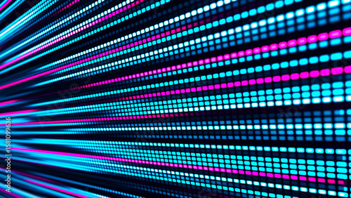 Digital flow. Light dynamics and pixel energy. The illustration shows a bright LED panel where bright multi-colored stripes create the effect of movement and energy. Vector illustration.