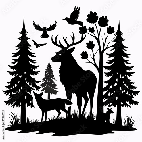 Whimsical vector silhouette of a wild forest deer with antlers, perfect for a winter or Christmas nature illustration