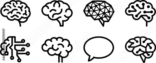 Collection of stylized brain icons representing thought and technology mind idea