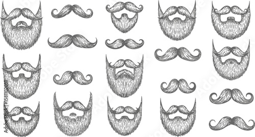 Various bearded styles and mustache shapes, a hipster fashion collection