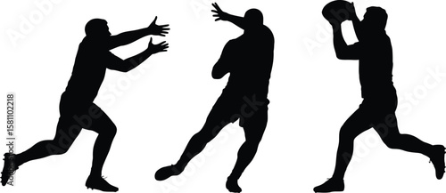 Three male athletes in silhouette performing actions related to a sport like rugby or football