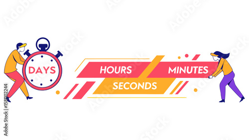 Illustration of a countdown timer with days hours minutes and seconds being held by two people on white