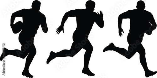Three silhouettes of rugby players running with a ball on white background