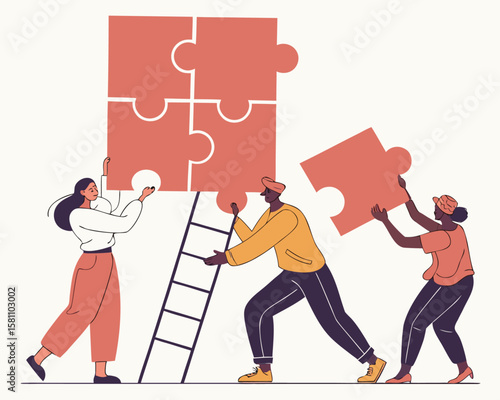 Business Teamwork concept. Contemporary flat style abstract vector illustration of a company of diverse people putting together a huge puzzle details. Isolated on background