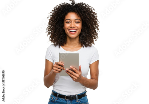 Smiling Woman Holding a Tablet on Transparent Background