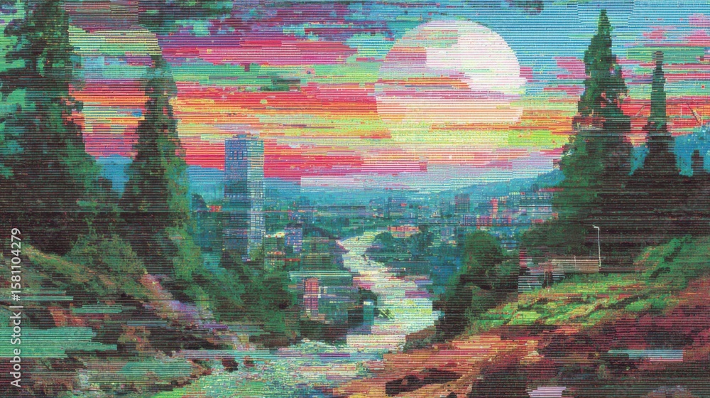 Naklejka premium A mesmerizing landscape showcases a colorful sunset with hues of orange and pink illuminating a river that winds through a city. Lush trees frame the scene, enhancing the tranquil ambiance.