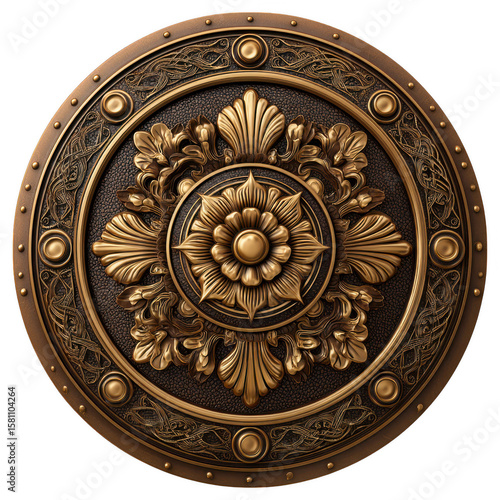 Intricate golden floral patterned round shield ornament isolated on transparent background