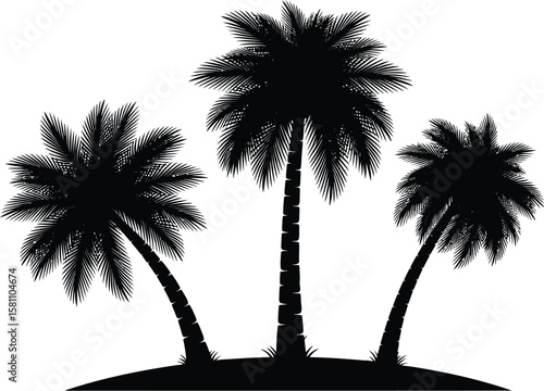 Three black palm trees silhouette on a small island