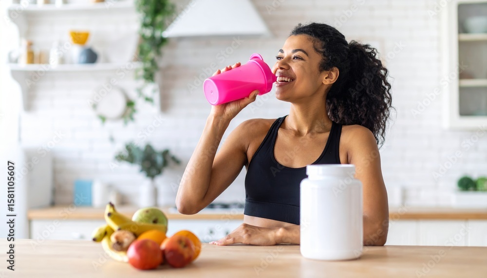 Smiling woman drinks from a pink shaker cup in a bright kitchen. Smiling woman drinks from a pink shaker cup in a bright kitchen.