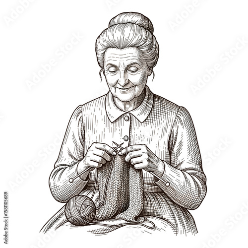 Elderly woman knitting with yarn while sitting comfortably indoors  