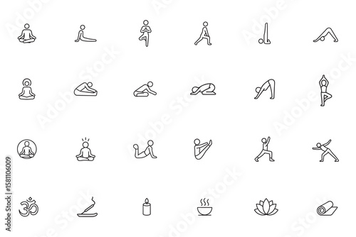 Yoga and Meditation line icon set, vector collection of asana poses, mindfulness and wellness symbols including lotus, om, and mat for relaxation and fitness design