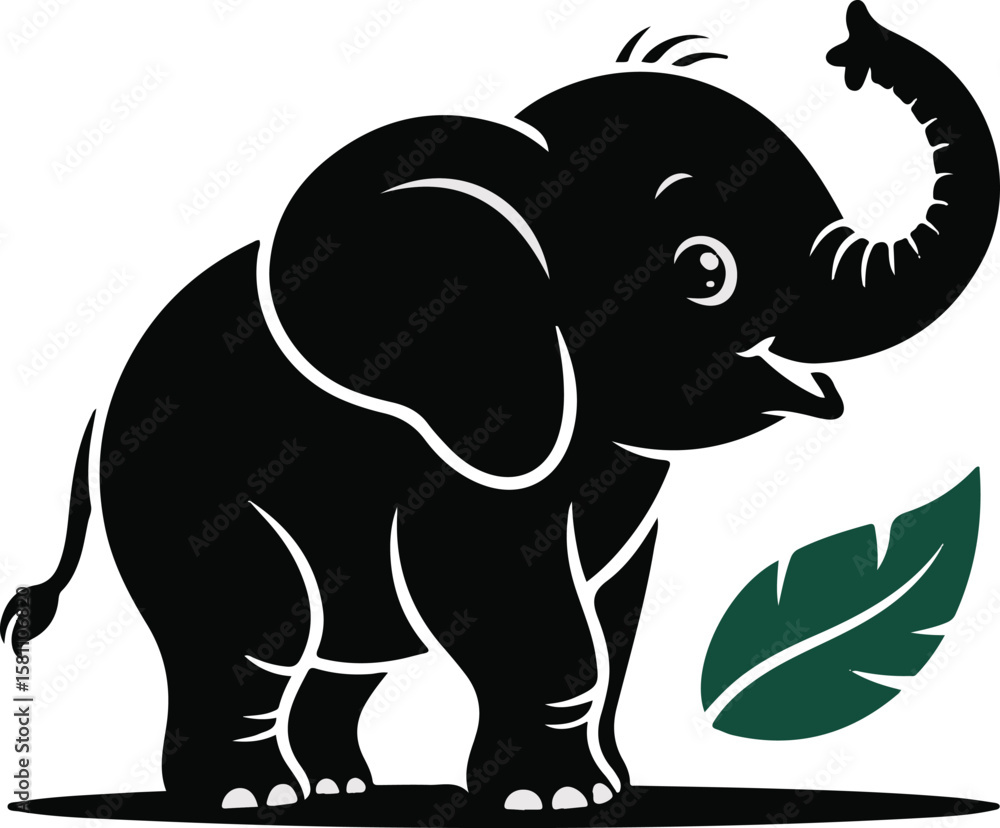 Fototapeta premium Adorable Baby Elephant Silhouette: Playful, Tropical, Vector Illustration, Black and Green.
