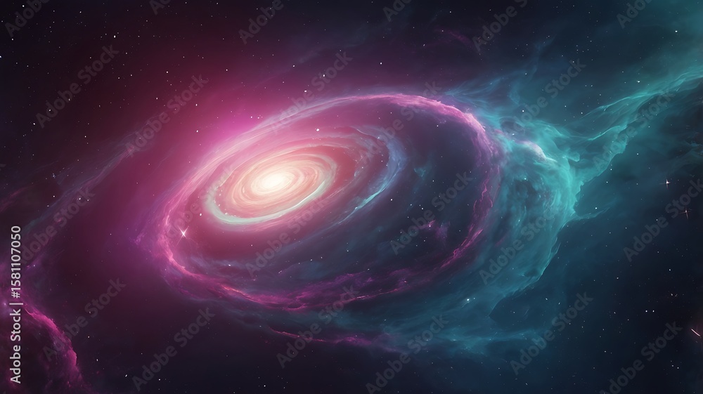 Fototapeta premium A vivid cosmic nebula showing swirling gases in pink, purple, and teal, illuminated by distant starlight.