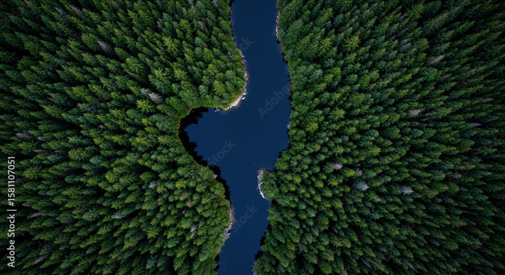 Fototapeta premium An authentic aerial view of a river winding through a forest