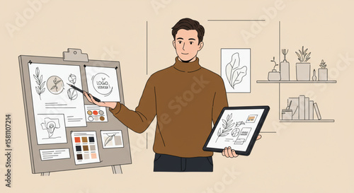 Creative Professional Presenting Innovative Graphic Design Concepts and Digital Solutions on a Tablet and Mood Board in a Modern Workspace
