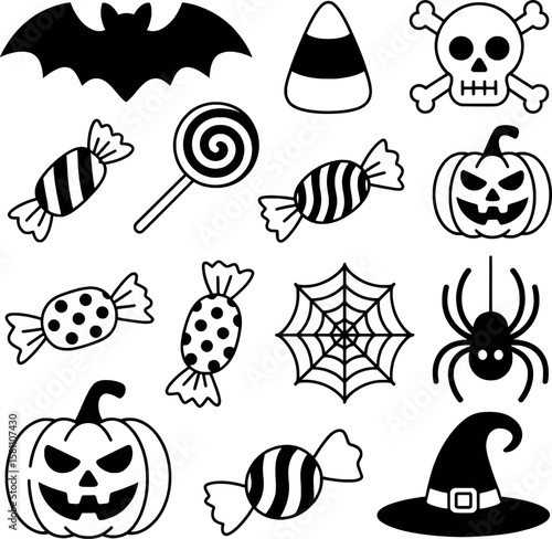 Halloween icons bat candy corn skull spider web pumpkin witch hat vector