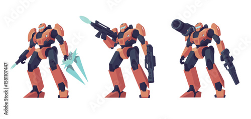 Battle Robots and Transformers Set Featuring Plasma Guns, Laser Swords, and Shoulder Cannons Perfect for Comics, Toys, Sci-Fi Games, and Alien Robotic Art


