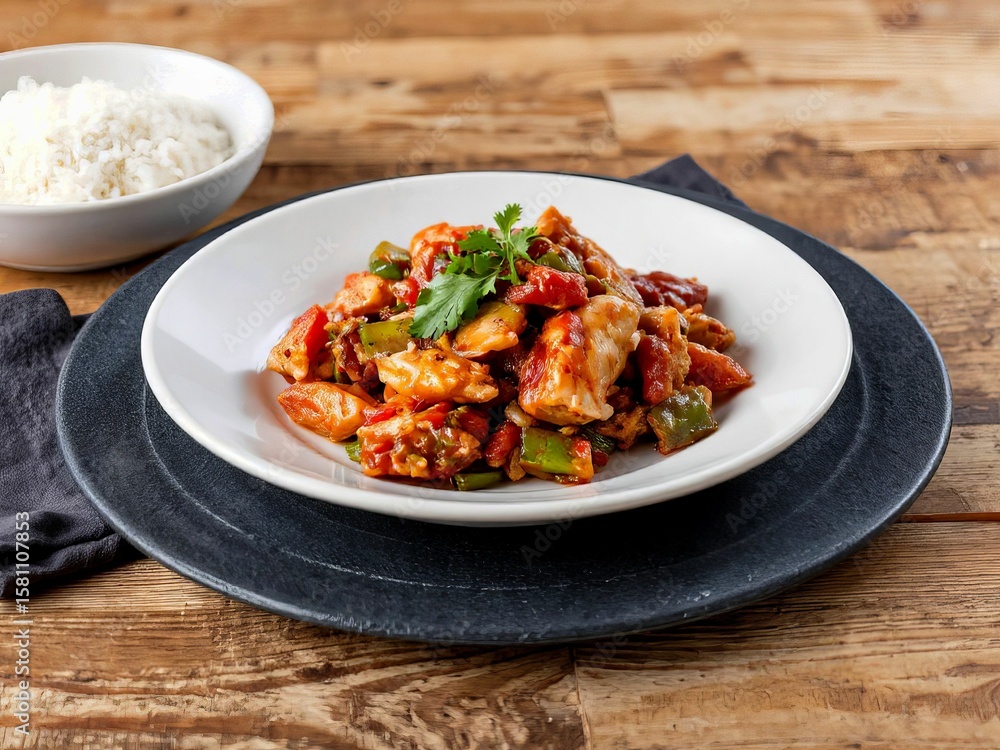 Tasty chicken stir-fry with vegetables served in a white bowl with rice on a wooden table
Tasty chicken stir-fry with vegetables served in a white bowl with rice on a wooden table