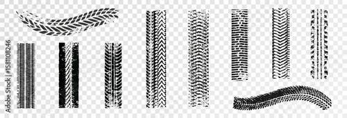 Traces of car, motorcycle tread. Curved realistic traces of tires of wheels from different types of tread vector png. Car wheels on disks.