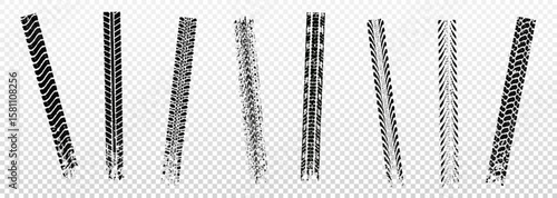 Traces of car, motorcycle tread. Curved realistic traces of tires of wheels from different types of tread vector png. Car wheels on disks.	
