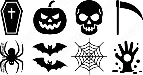 Halloween icons coffin pumpkin skull scythe spider bats cobweb zombie hand symbol vector