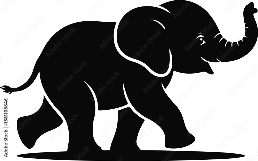 Obraz premium Playful Baby Elephant Silhouette: Walking, Black, Simple Vector Illustration