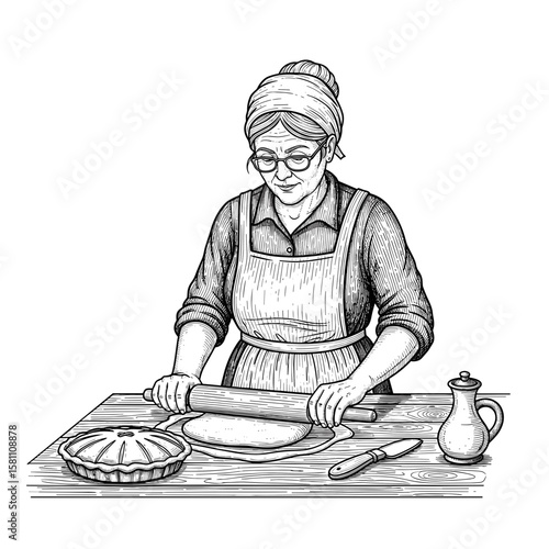 Elderly woman rolling dough while preparing pie in kitchen  