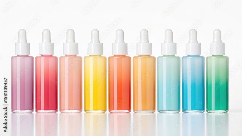 Fototapeta premium A row of gradient colored dropper bottles lined up against a white background