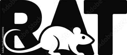 Modern minimalist rat logo design; black and white rodent illustration; pest control concept.