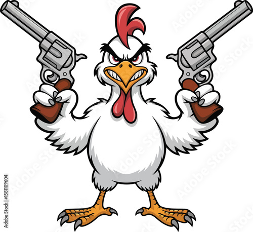 An angry, tough cartoon rooster wielding two revolvers, ready for action.