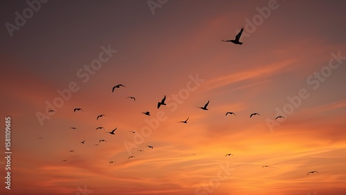 Peaceful sunset sky with flying birds and warm tones, evoking hope and tranquility.